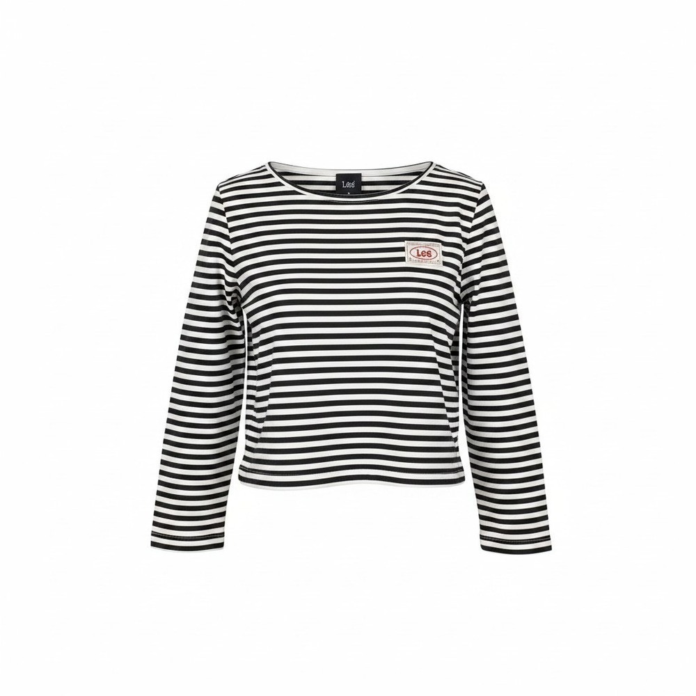 Lee M Black White Striped Long Sleeve T-Shirt Logo Patch‎ Nautical Parisian EUC